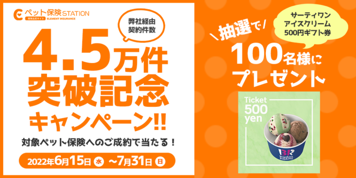 4.5万件突破記念キャンペーン！抽選で100名様に「サーティワン アイスクリーム 500円ギフト券」をプレゼント【ペット保険ステーション】のメイン画像
