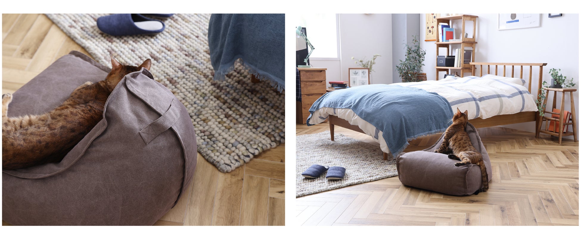 ペットとのおうち時間をまったり過ごしたい！ワンちゃん猫ちゃん用のビーズクッションをナチュラルテイストなインテリアブランド「nora.」で販売スタート。のサブ画像3_背面は持ち運び易いように取手をつけています。 猫ちゃんも背もたれがあるとゆったりくつろげるみたいですね。