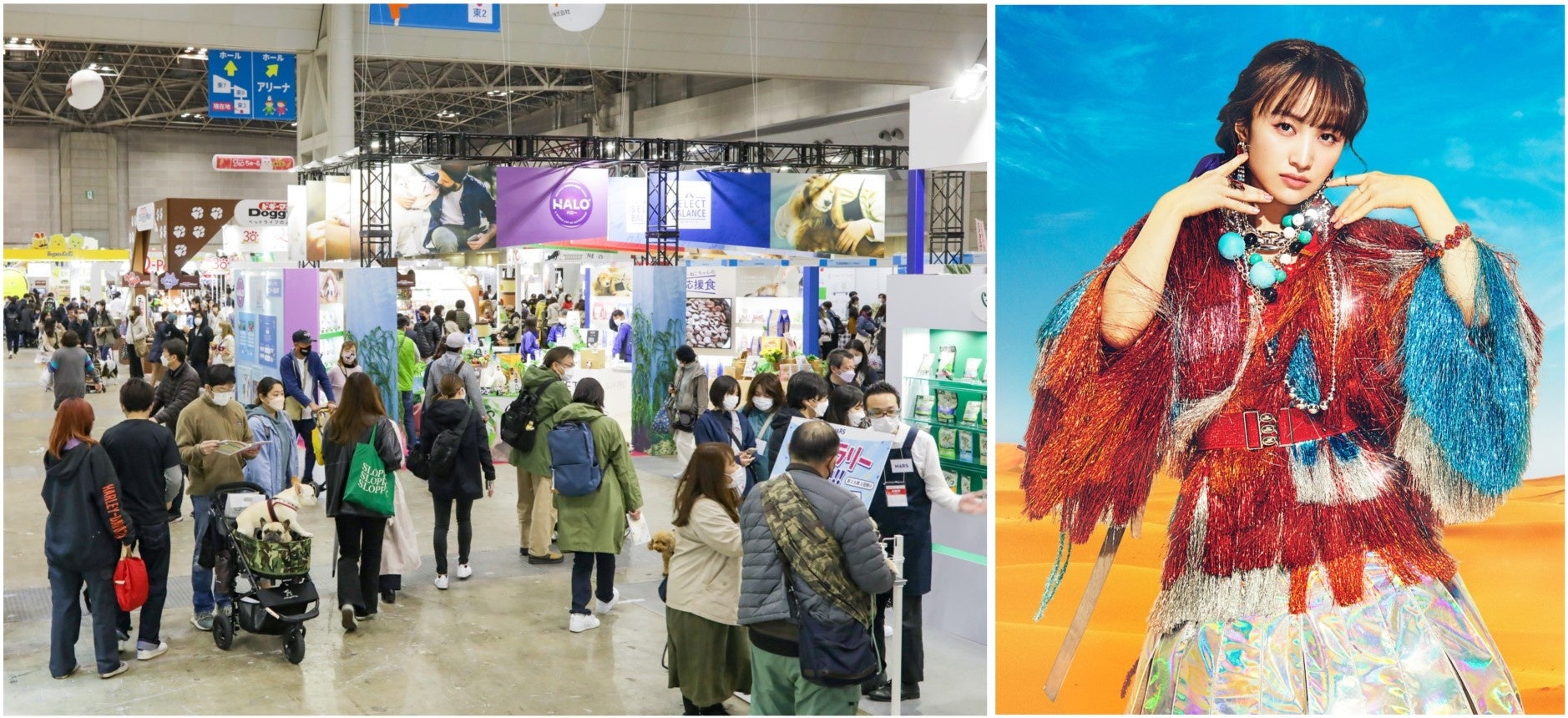 過去最大！600社以上のペット製品が集結のサブ画像1_2022年の「インターペット」会場の様子（左）と今年の「インターペットアワード」を受賞した百田夏菜子さん（右）