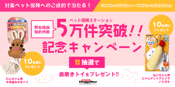 【ペット保険ステーション】5万件突破記念キャンペーン！本サイト経由で対象保険会社へお申込みいただいた方、抽選でプレゼントが各10名様に当たる！のメイン画像