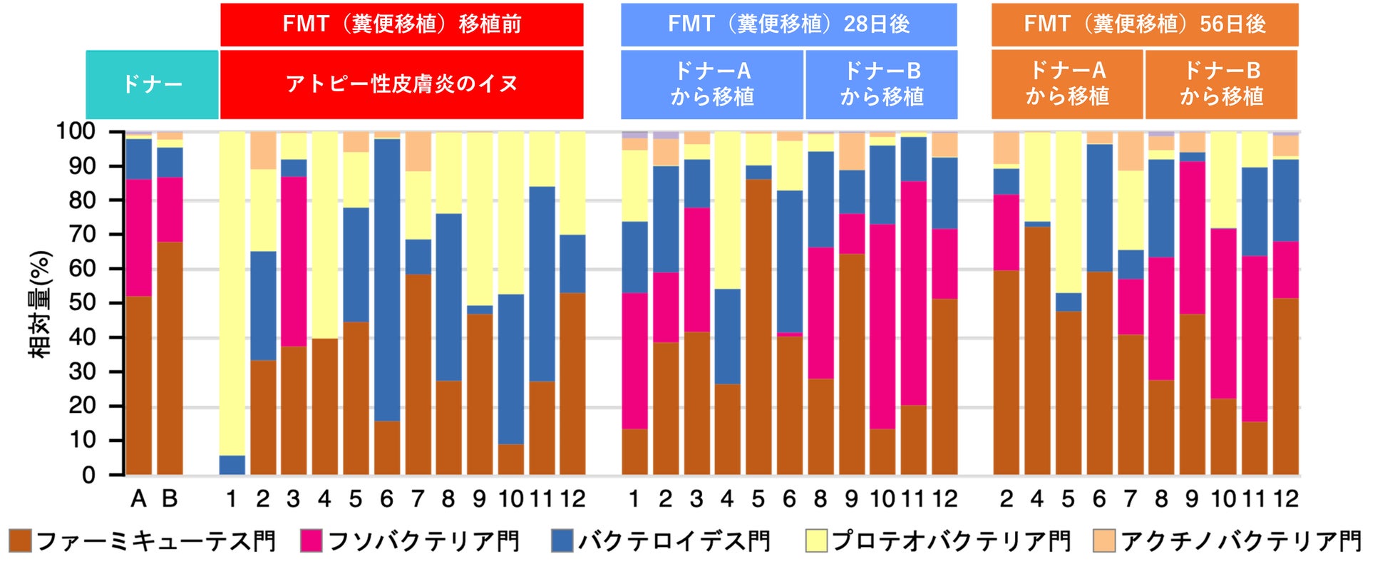 イヌのアトピー性皮膚炎における腸内細菌叢の変化と糞便移植の有効性を明らかにのサブ画像3_▲アトピー性皮膚炎のイヌにおけるFMT前後の腸内細菌叢の変化（門レベル）