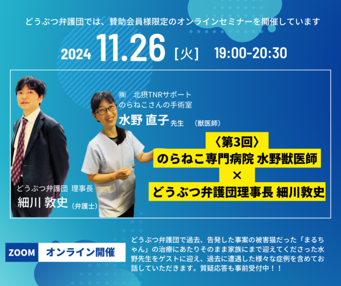 【NPO法人どうぶつ弁護団】2024.11.26（火）第３回賛助会員向けオンラインセミナーのご案内　ゲスト：のらねこさんの手術室　水野獣医師のメイン画像